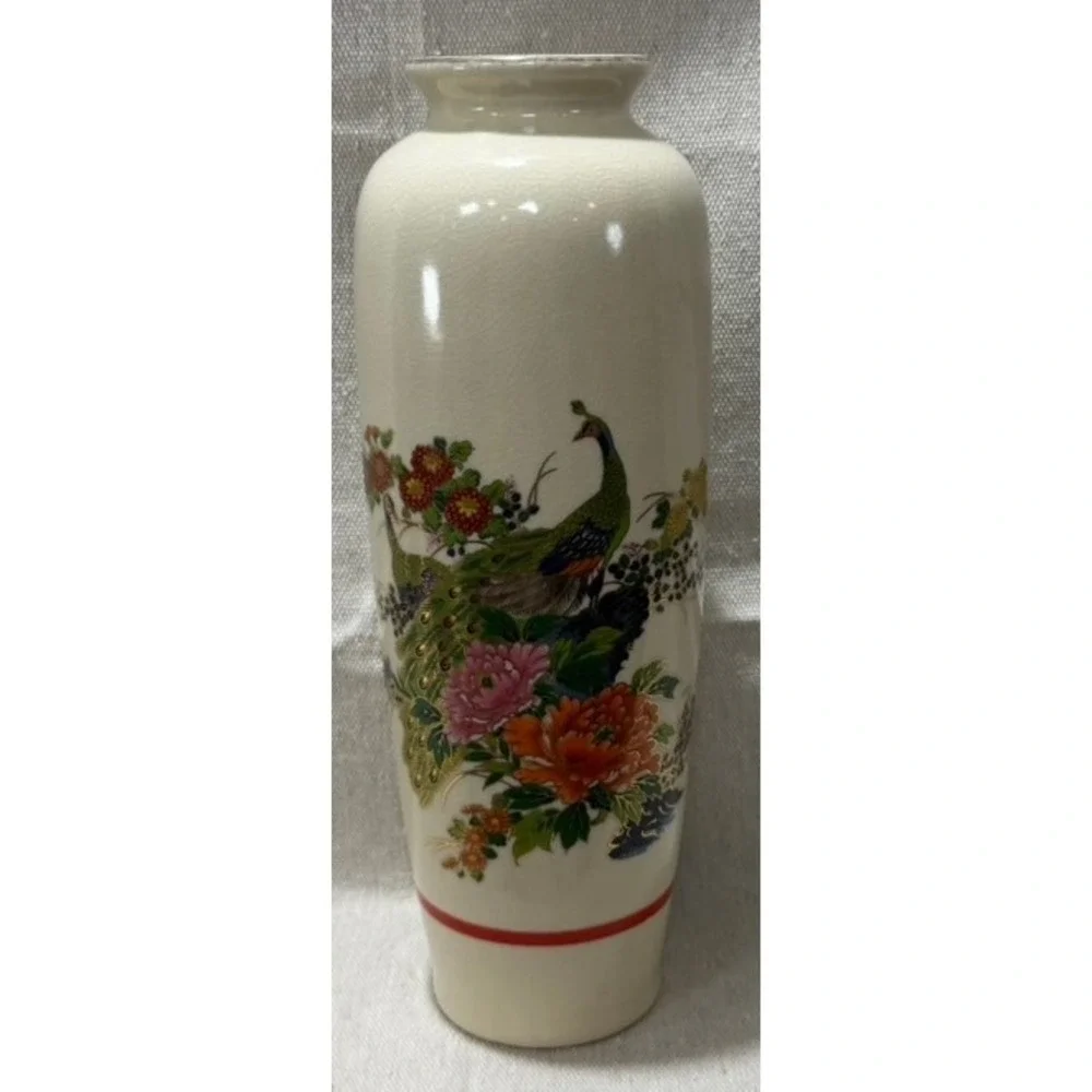 Vintage Japanese Satsuma Peacock Floral Vase 10 Inch Crackle Glaze Chinoiserie